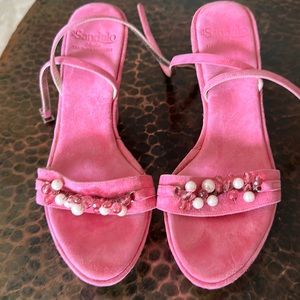 Hot pink suede wedges with faux pearl and pink beading Ankle straps US size 9.